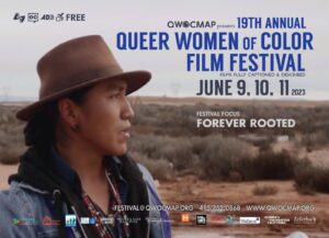 A postcard for the 2023 Queer Women of Color Film Festival. There's an image still from the film 'Powerlands' by Ivey-Camille Manybeads Tso. A person wearing a brown hat, jean jacket, layered with a black hoodie, a button up and colorful necklaces, holds a paint roller with white paint. They look off to the right, across a vast desert with short dark green shrubs. Top left in black, FREE and logos for ASL, Open Captions, Audio Description, and Accessibility. Top right in blue, QWOCMAP presents 19th annual International Queer Women of Color Film Festival. In black, Films Fully Captioned and Described. June 9, 10, 11, 2023. Below in grey, Festival Focus Forever Rooted. festival@qwocmap.org 415-752-0868 www.qwocmap.org. Along the bottom, funder logos.